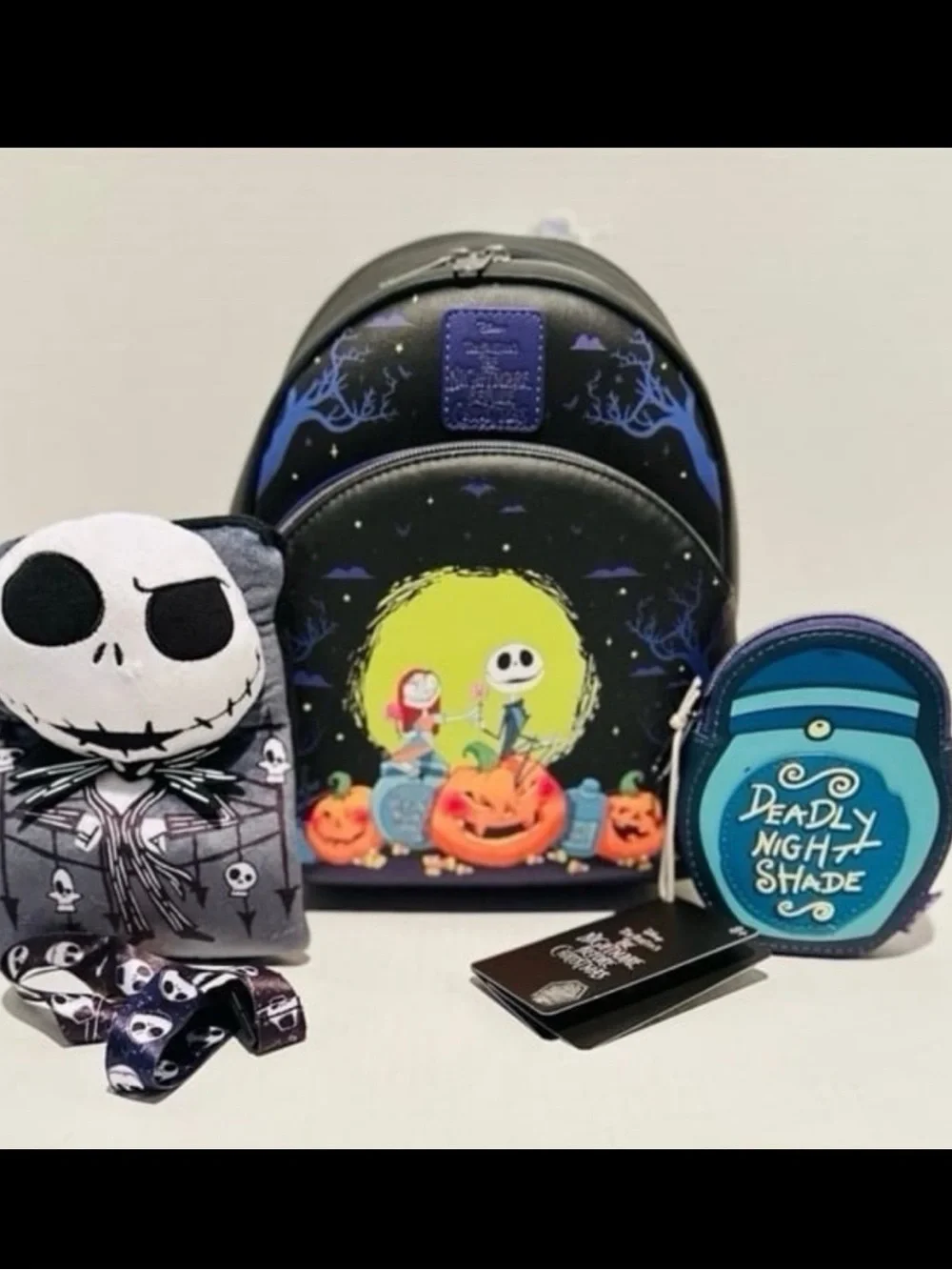 Loungefly Disney NWT NBC Jack & Sally Pumpkins Backpack, Coin Purse & Lanyard